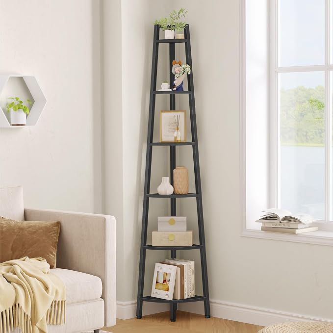 Hoctieon Corner Shelf, 6-Tier Corner Bookshelf, Rustic Ladder Shelf, Industrial Display Stand for Living Room, Kitchen, Home Office, Balcony, Small Space, Metal Frame, Black