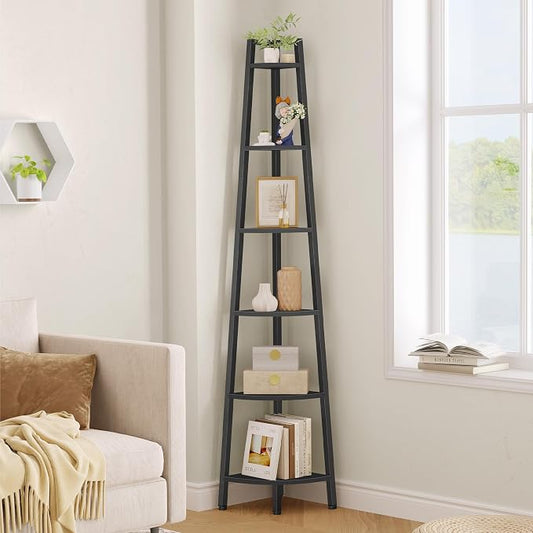 Hoctieon Corner Shelf, 6-Tier Corner Bookshelf, Rustic Ladder Shelf, Industrial Display Stand for Living Room, Kitchen, Home Office, Balcony, Small Space, Metal Frame, Black