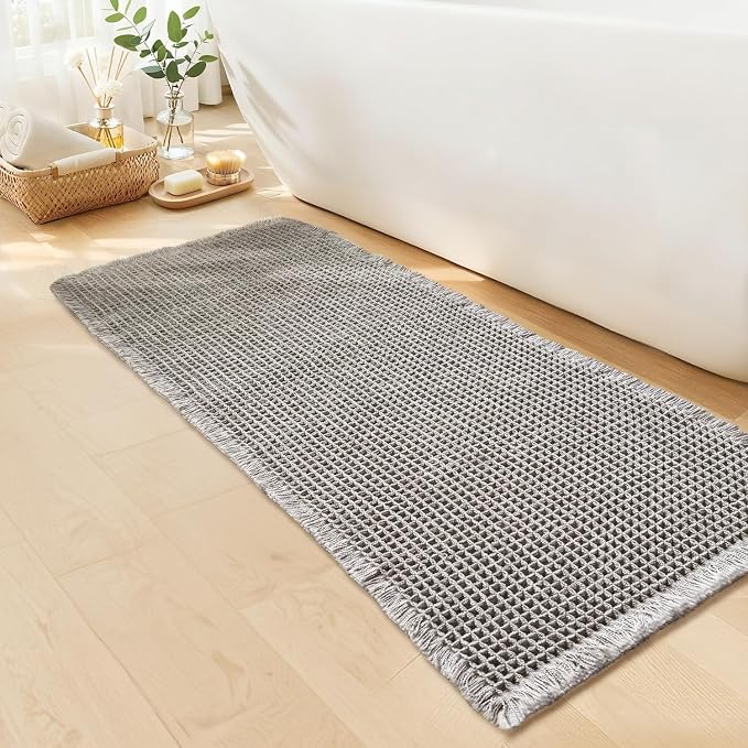 Long Bath Mat, Waffle Bathroom Runner Rug Non Slip Washable, 24 x 60 | Super Absorbent, Quick Dry Bath Runner, Soft Waffle Weave, Boho Farmhouse Bathroom Decor in Light Grey for Sink or Tub