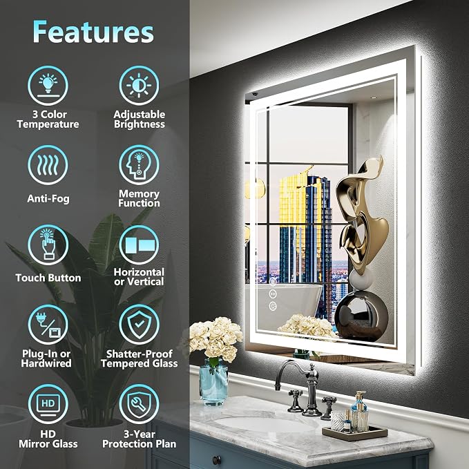 24x36 LED Bathroom Mirror, Backlit & Front Lit Lighted Mirror | Anti-Fog Vanity Mirror with Lights, 3 Color Dimmable, Memory, HD Tempered Glass, CRI95, IP54, UL Listed, Horizontal/Vertical