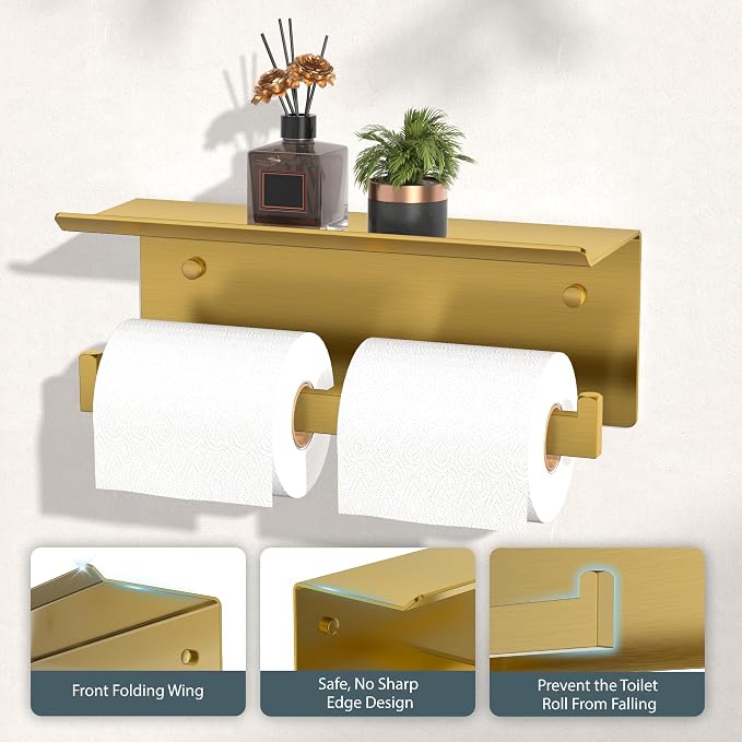 FORIOUS Toilet Paper Holder with Shelf, Commercial Toilet Paper Dispenser | Brushed Gold | SUS304 Stainless Steel Wall Mount Double Bathroom Tissue Roll Holder for Hotel, Apartments, etc