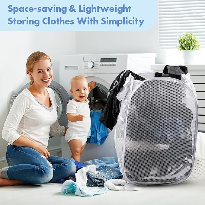Pop Up Laundry Hamper, 70L Collapsible Mesh Laundry Basket with Side Pocket, Foldable Dirty Clothes Hamper with Sturdy Reinforced Handles for Home Dorm Bedroom Travel Storage, White, 2Pack
