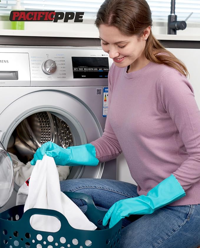 2 Pairs Dishwashing Gloves, Cotton Flocked Liner, Green, Medium | Waterproof dishwashing gloves with non-slip grip, Latex-Free, flexible fit for kitchen, bathroom, laundry & cleaning