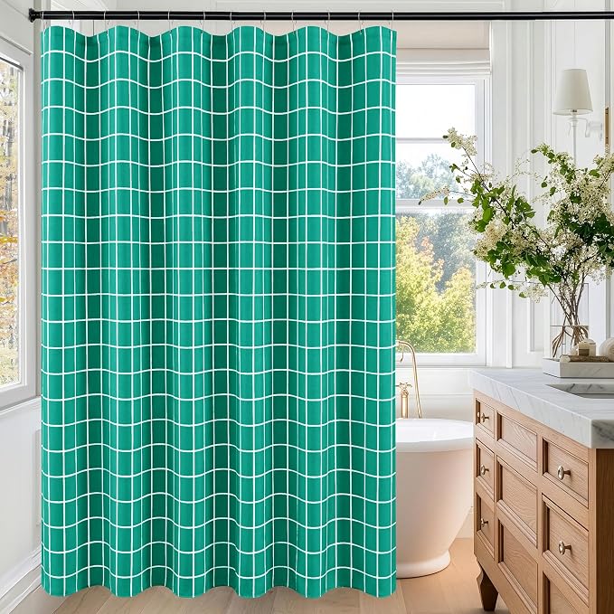 Biscaynebay Fabric Shower Curtain for Bathroom-Modern Farmhouse Faux Linen Textured Grid Plaid Shower Curtains, Minimalist Simple Geometric Neutral Decor Machine Washable-70x72 Inches Turquoise