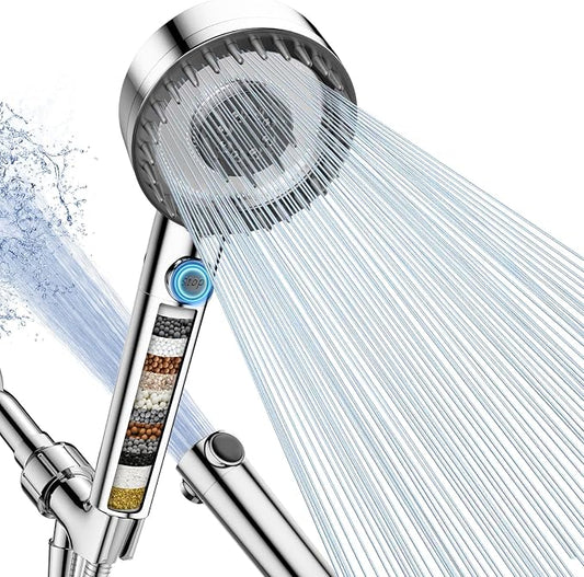 Filtered Shower Head with Handheld, High Pressure Showerhead with Filters | 4 Spray, ON/OFF Switch for Pets, Detachable Shower Heads with Water Softener Filter Beads for Hard Water- Remove Chlorine