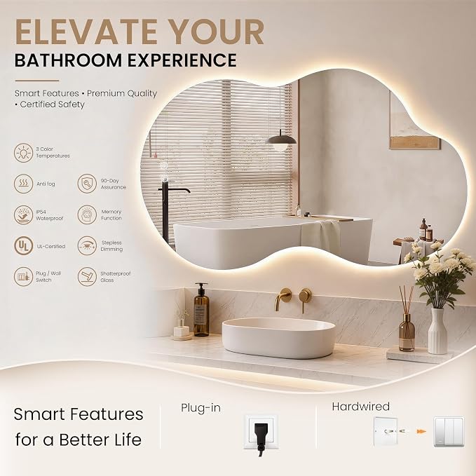 24" x 40" Irregular Backlit Bathroom Mirror, Anti-Fog | Tempered Glass, Cloud Shape, 3 Color Lighting, Stepless Dimming, Memory Function, HD Reflection, Wall Mounted