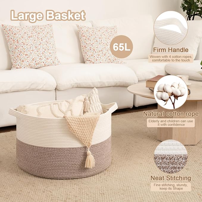 OIAHOMY Large Blanket Basket for Living Room, 19.7" x 12.6" Woven Cotton Rope Laundry Basket for Organizing Pillows, Decorative Stuffed Animal Toy Storage for Nursery, White and Linen Brown