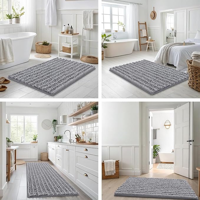 Smiry Bathroom Rugs 30X18, Extra Soft Rubber Backing Chenille Bath Mats | Grey Machine Washable Non Slip Quick Dry Bath Mats for Bathroom Floor, Tub, Shower, Home Decor Accessories