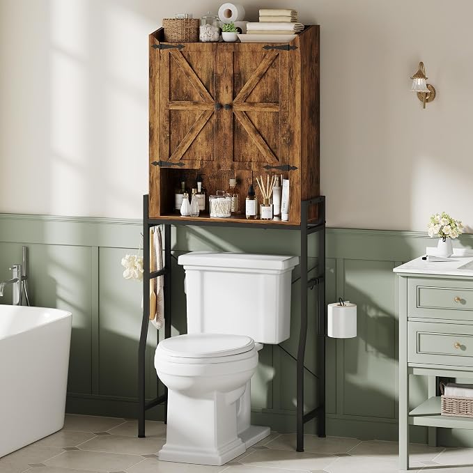 Over The Toilet Storage Cabinet with Metal Stand, Rustic Brown | Toilet Paper Holder, 3 Extra Hooks, Anti-Tipping Device, With Adjustable Shelves, for Bathroom, Restroom, Laundry