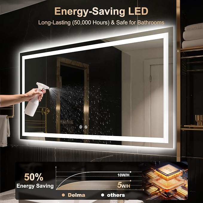 LED Mirror for Bathroom 30x50 Inch, Dimmable Front & Backlit Vanity Mirror with Anti-Fog, 3 Color Modes, Memory Function, Shatterproof Tempered Glass, Horizontal or Vertical Mount