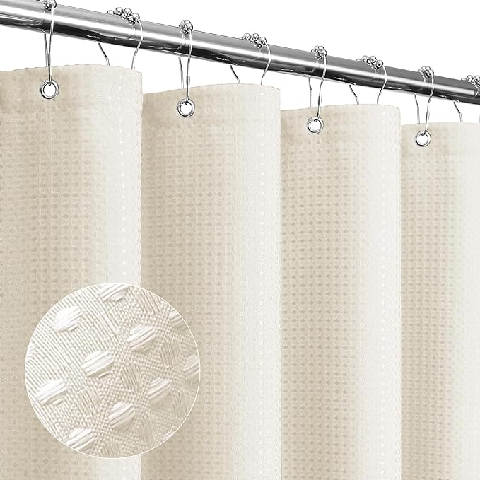 Long Ivory Fabric Shower Curtain, 72 x 78 | Tall Cloth-Textured Shower Curtain for Bathroom, Water Repellent, Machine Washable