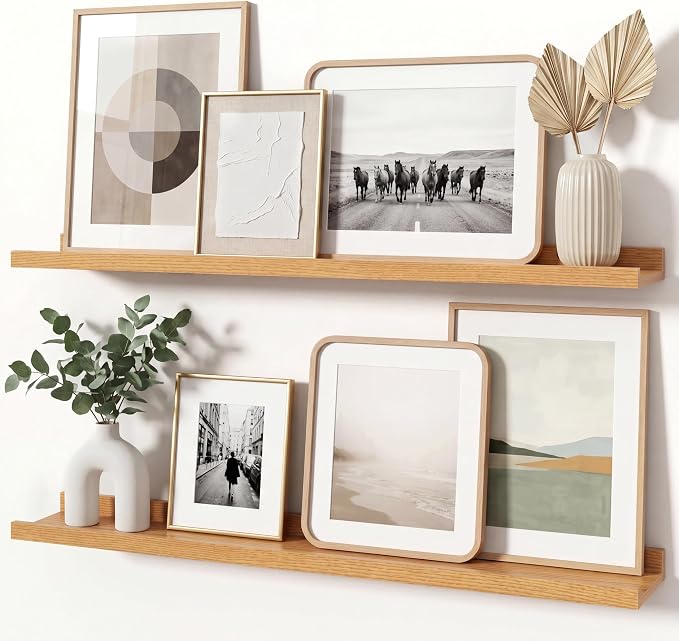 Oak Picture Ledge Shelves for Wall, 4.5" Deep Wood Floating Shelves with Lip for Bedroom, Living Room, 30" Width, Color Oak Set of 2