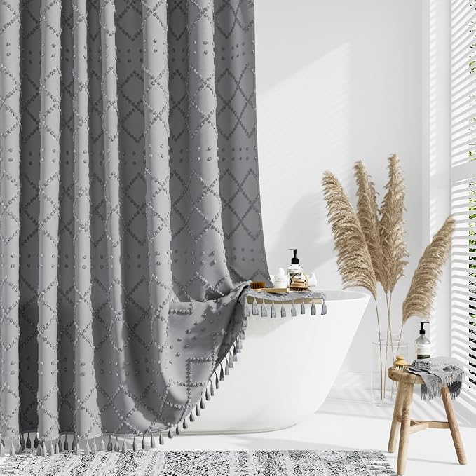Long Boho Farmhouse Shower Curtain Tufted Geometric 72"x78" Grey | 78 Inch Tall, Elegant Tassel, Lightweight Textured Fabric, Water Repellent, Washable, Hotel Spa, for Bathroom/Dorm 12 Hooks