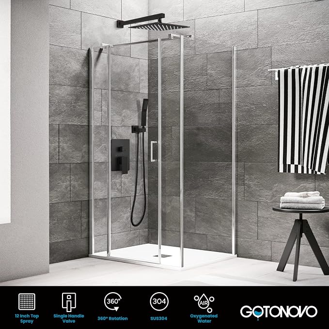 gotonovo Shower Faucet Set with Handheld Spray Oil Rubbed Bronze,12'' Head | SUS304 Rainfall Shower Head and Handle Set System Fixture,Pressure Balance Valve Trim Kit,Single Handle,Wall Mount,All Metal