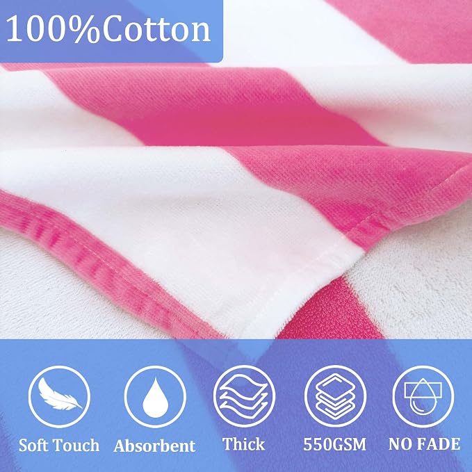 VOOVA & MOVAS Big Kids Hooded Towel, 8+, 100% Cotton, Hot Pink White Stripe | Bright Stripe Pattern, Soft, Absorbent & Fast Drying, Perfect for Beach and Pool Parties