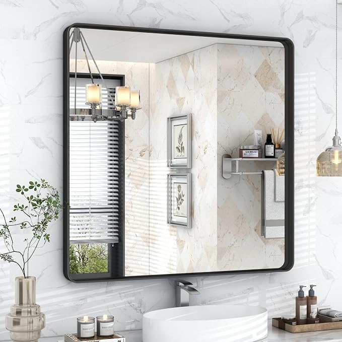 36x36 Inch Square Black Framed Bathroom Mirror for Wall, Matte Framed Bathroom Vanirty Mirror, Rounded Corners Rectangle Mirror, Tempered Glass, Anti-Rust | Matte Framed Bathroom Vanirty Mirror, Rounded Corners Rectangle Mirror, Tempered Glass, Anti-Rust