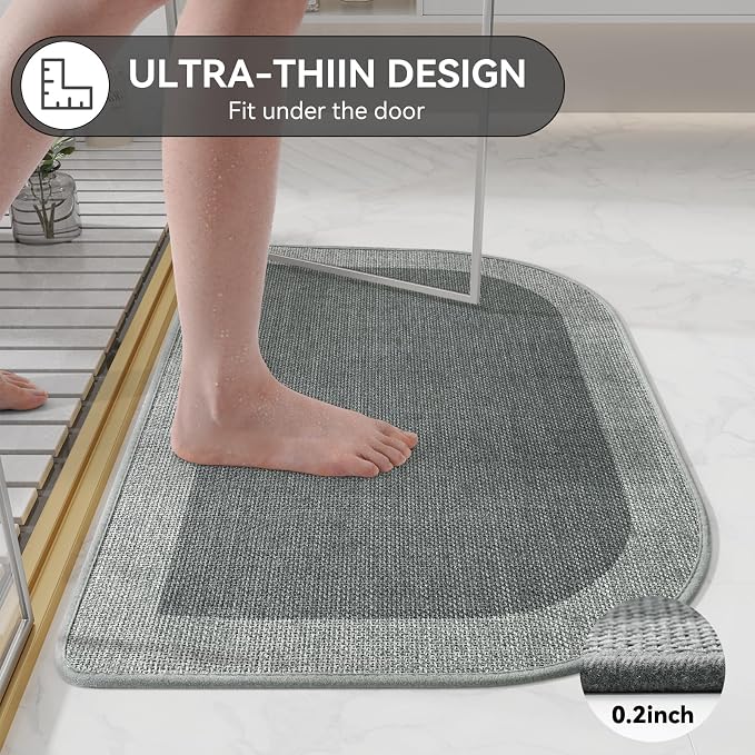 Half Circle Bath Mat, Thin Bathroom Rugs Fit Under Door, Grey 16x24 | Non Slip, Quick Dry Absorbent, Rubber Backing Washable, Semi Circle Bathmat for Bathroom Floor, Tub and Shower, Home Decor