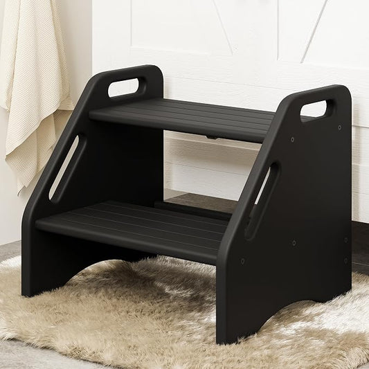 AMBIRD Wooden Step Stool - Two-Step 300 lbs Capacity With Safety Non-Slip Pads and Handles, Bamboo for Bathroom, Kitchen, Dual Height for Adults (Black)