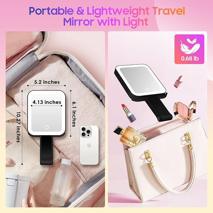 Magnifying Travel Mirror with Light, 30X/1X Double-Sided Magnifying Mirror with 3 Color Lights, Brightness Adjustable, Foldable Handheld Makeup Mirrors Portable for Travel and Desktop, Black