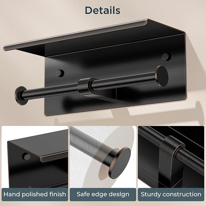 FORIOUS Toilet Paper Holder with Shelf, Commercial Toilet Paper Dispensers | Oil Rubbed Bronze | Wall Mount Bathroom Tissue Holder | SUS304 Stainless Steel Rustproof | Double Tissue Roll Holder
