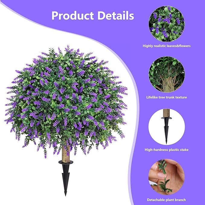 26'' Artificial Topiary Boxwood Ball Trees with Lavender 2 Pack Fake Plants for Outdoor Indoor Artificial Shrubs with Ground Spike UV Resistant Fake Bushes for Front Porch Garden (Purple)