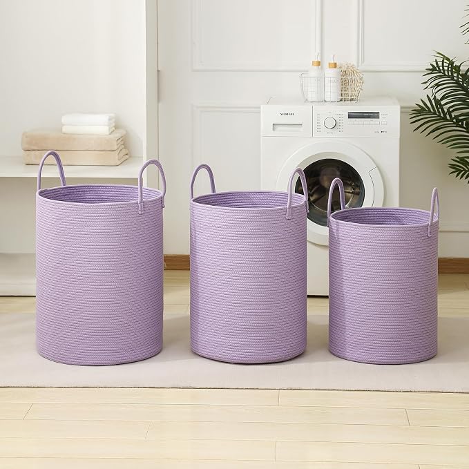 Laundry Basket Hamper Tall Rope Storage Woven for Blanket toys Dirty Clothes in Living Room Bathroom Bedroom (Purple, 80L/21.3Gal)