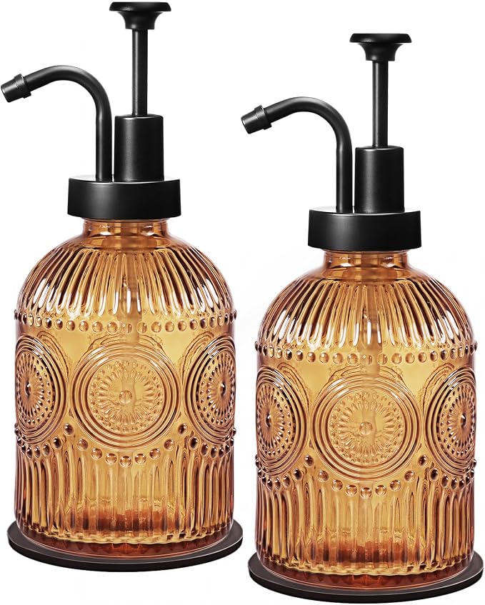 Amolliar 12 Oz Glass Soap Dispenser with Plastic Pump,Brown-Black,2 Pack | Antique Rustic Hand Liquid Bottle for Bathroom/Kitchen, Vintage/Farmhouse/Boho Style, Pump Dispenser, Refillable