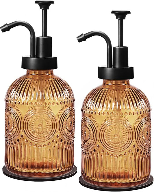 Amolliar 12 Oz Glass Soap Dispenser with Plastic Pump,Brown-Black,2 Pack | Antique Rustic Hand Liquid Bottle for Bathroom/Kitchen, Vintage/Farmhouse/Boho Style, Pump Dispenser, Refillable