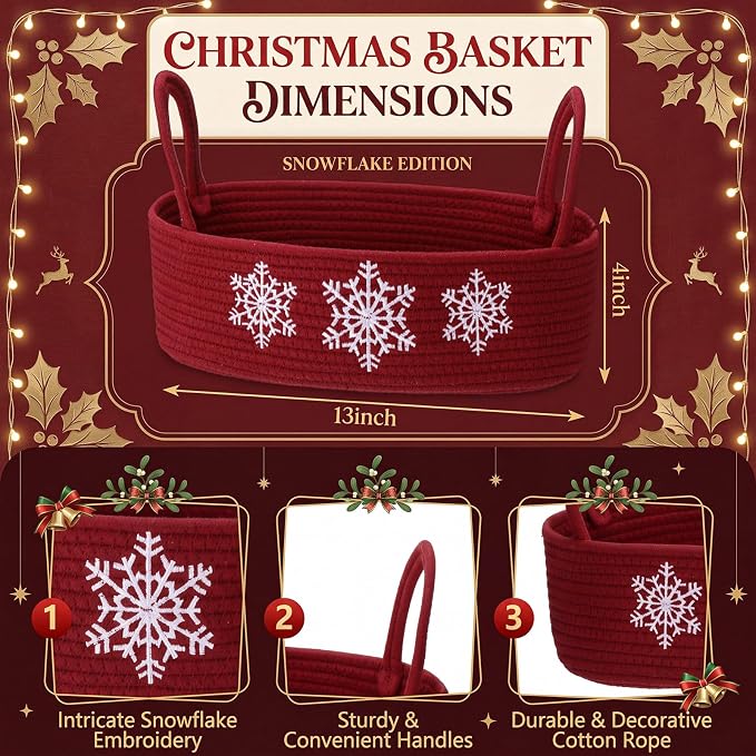 Vesici Snowflake Woven Storage Basket for Toilet, Christmas Bathroom Decor | Cotton Rope Woven, Snowflake Winter Burgundy Red Decor, Holds Toilet Paper, Bathroom Countertop or Tank Top, 13 X 6 X 4 Inch