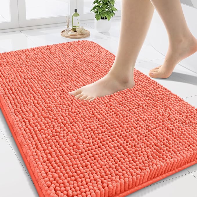 Arotive Bathroom Rugs 24x16, Soft Absorbent Shaggy Chenille Bath Rugs | Coral, Machine Washable Rubber Backing Bath Mats for Bathroom Floor Tub and Shower Home Decor Accessories