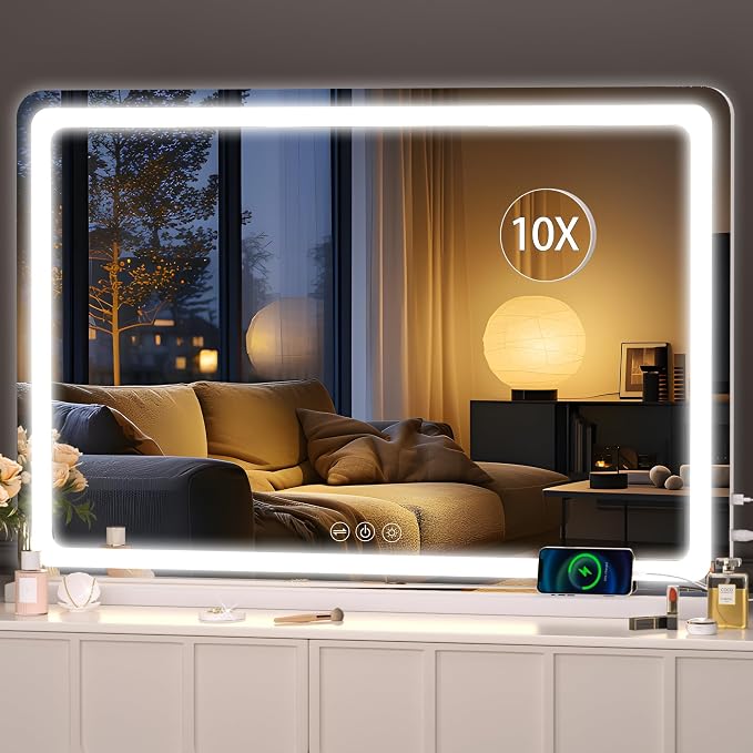 Hasipu Vanity Mirror with Lights, 37.4" x 26" LED Makeup Mirror, Lighted Makeup Mirror with Dimmable 3 Modes, Touch Screen Control Vanity Mirror Round White