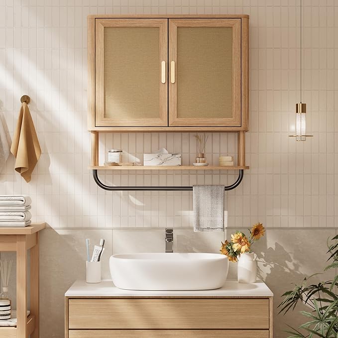Rattan Bathroom Wall Cabinet with Towel Bar, Wall-Mounted Medicine Cabinet with Adjustable Wood Shelf & Doors, Over the Toilet Storage Cabinet for Laundry Room & Kitchen & Living Room