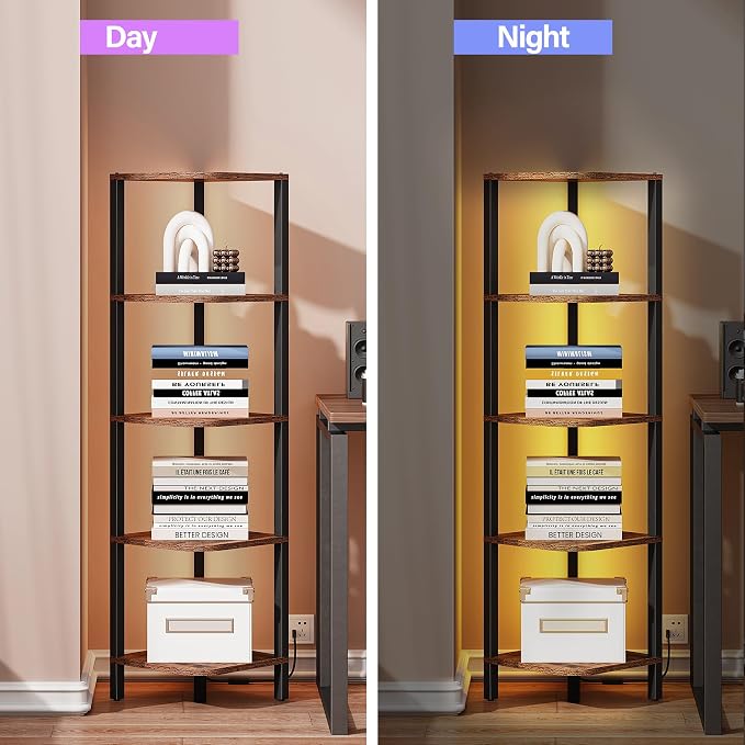 TUTOTAK Corner Shelf with LED Light, 5-Tier Corner Bookshelf | for Small Space, Narrow Display Corner Shelf Stand with Storage Rack, for Living Room, Bedroom, Rustic Brown BS08BB005L