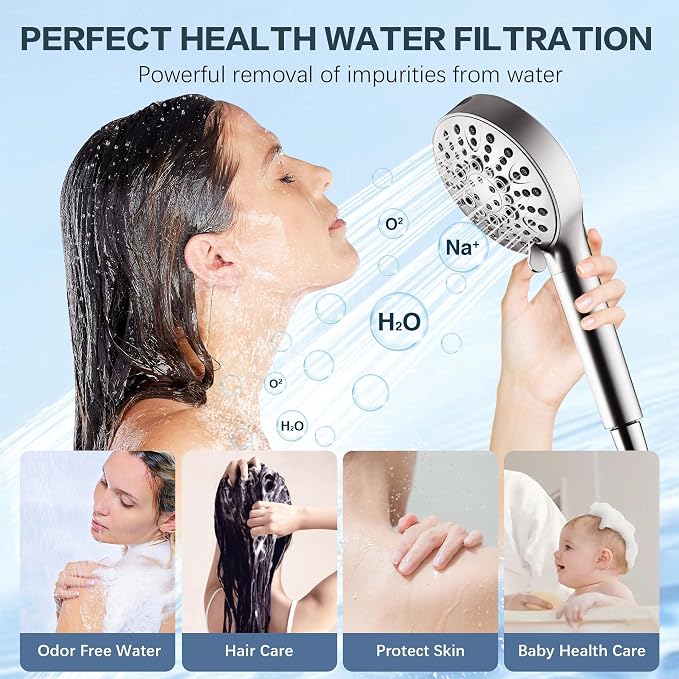 BRIGHT SHOWERS Filtered Shower Head with Handheld, High Pressure 9 Spray Mode Showerhead with Long Hose and Bracket, Water Softener Filters Beads for Hard Water - Removes Chlorine, Brushed Nickel