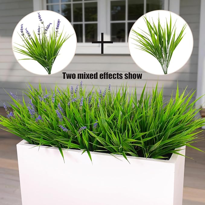 alyptus Artificial Plants Outdoor Fake Monkey Grass with Flowers for Pot UV Resistant Plant Decor for Window Garden Patio Hanging Planter Pathway Front Porch (Grass with Flowers)