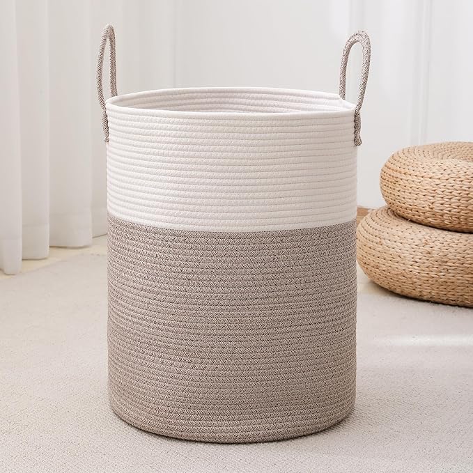 Laundry Basket Hamper Tall Rope Storage Woven for Blanket toys Dirty Clothes in Living Room Bathroom Bedroom (White&Brown, 100L/26.4Gal)