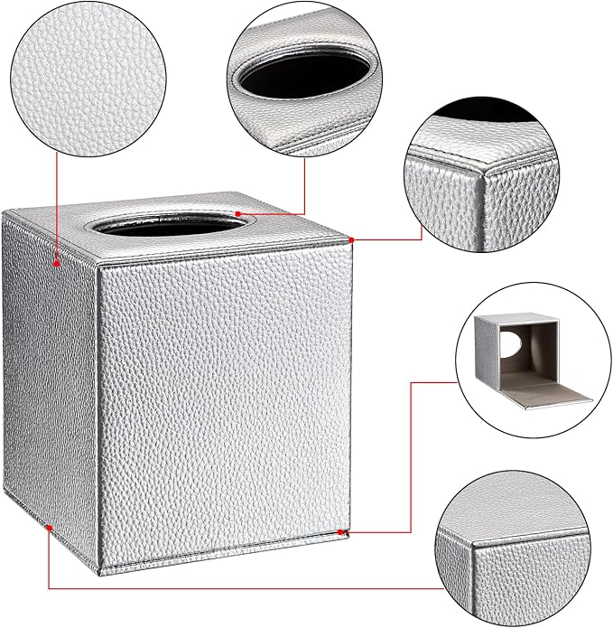 Sumnacon Tissue Box Cover Square,Magnetic Bottom Tissue Box Holder,Silver | Cube PU Leather Tissue Cover with Lychee Pattern,Decorative Tissue Box Covers for Living Room Bathroom Table Desk Office Car