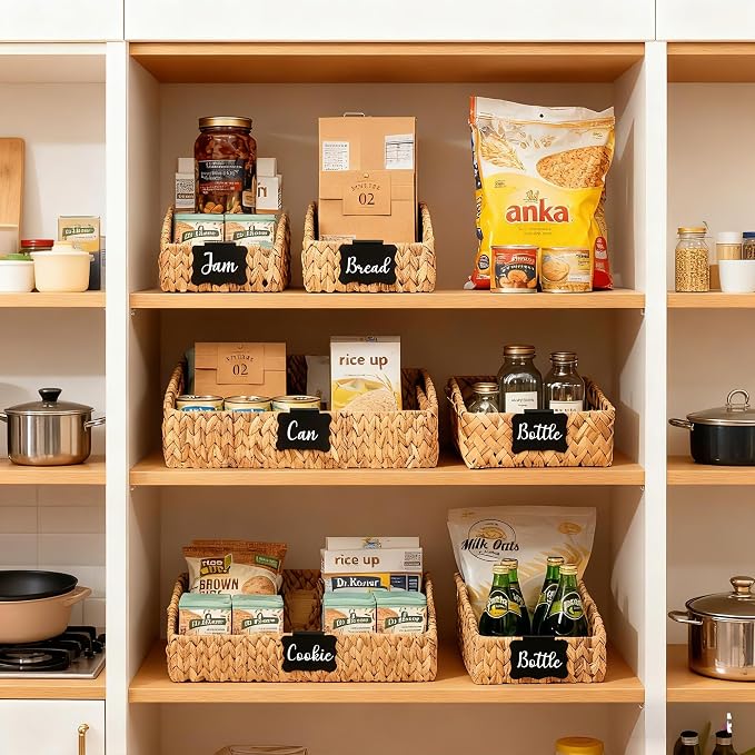 Wicker Baskets for Organizing, Pantry Baskets with Built-in Handles, Handwoven Wicker Storage Basket, Water Hyacinth Storage Bins for Shelves, Small - 2pcs, Natural