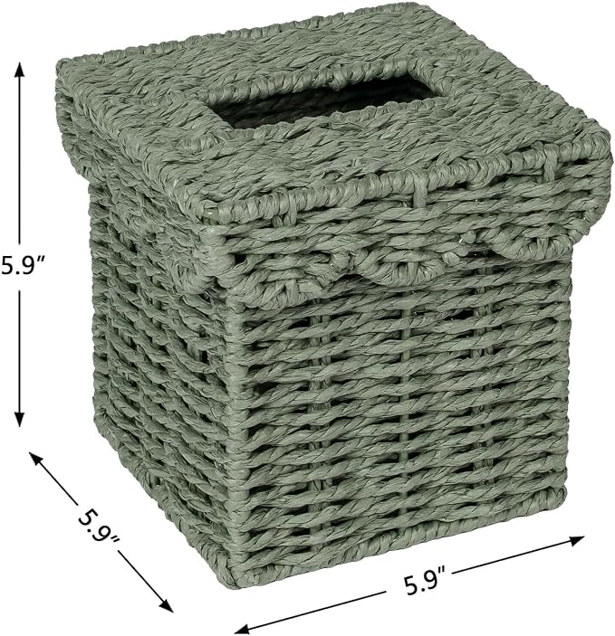 CubesLand Square Wicker Tissue Box Cover W/Scalloped Lid for Home Decor | Handwoven Facial Tissues Boxes Fits Living Room Table Decor, Rustic Farmhouse Boho Bathroom Decorative, Green