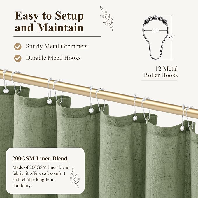 Jowels Sage Green Linen Fabric Shower Curtains for Bathroom, 72x84 | Extra Long Size, Green Linen Shower Curtains Set,Waterproof Washable Weighted Textile,Metal Hooks,Hotel Boho Farmhouse Decor