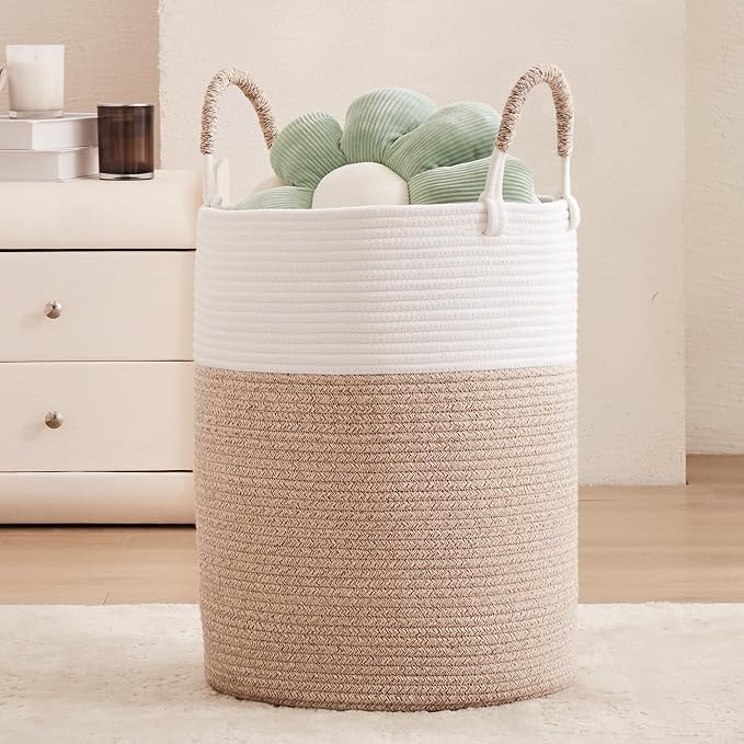 60L Hamper Laundry Basket Tall Woven Rope Clothes Hamper Brown | Baby Girls Nursery Kids Blanket Basket in Living Room Bathroom Bedroom 15Dx20H Inches Large