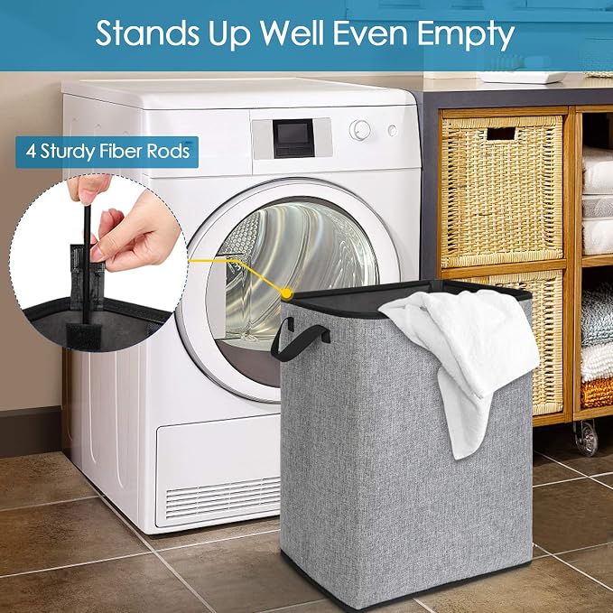 Large Laundry Basket, 70L Collapsible Tall Hamper with Handle, Grey | Dirty Clothes Hamper for Bedroom, Rectangular Sturdy Laundry Basket for College, Dorm, Towels, Toys