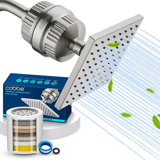 Cobbe High Pressure Filtered Shower Head with Filters for Hard Water Combo | Rain Showerhead with 20 Stage Water Softener for Healthier Skin & Hair Remove Chlorine and Harmful Substances, Brushed Nickel
