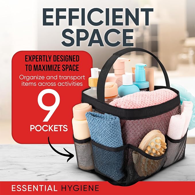 Masirs Shower Caddy Mesh - 9 Pocket Portable Bathroom Organizer Tote for Travel, Gym & Dorm - Collapsible Small Shower Caddy Bag to Hold Toiletries & Essentials (Black)
