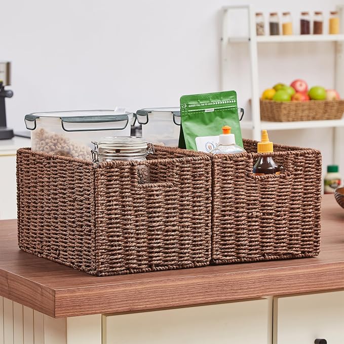 Wicker Storage Basket, Set of 2 Hand-Woven Paper Rope Wicker Basket, Small Storage Baskets for Organizing Toilet Paper Basket, Foldable Large Cube Storage Organizer Bins for Shelves (Brown)