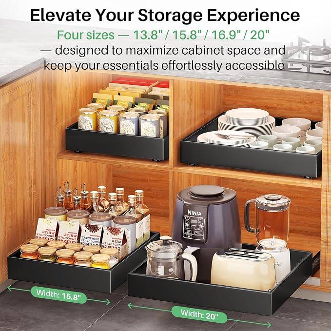 Pull out Cabinet Organizer, 21"Deep, 20"Wide Full-Extension Heavy Duty Slide out Drawers with Nano Adhesive, Roll Out Shelves Sliding Cabinet for Kitchen, Bathroom, Pantry, Under Sink Storage(Black)