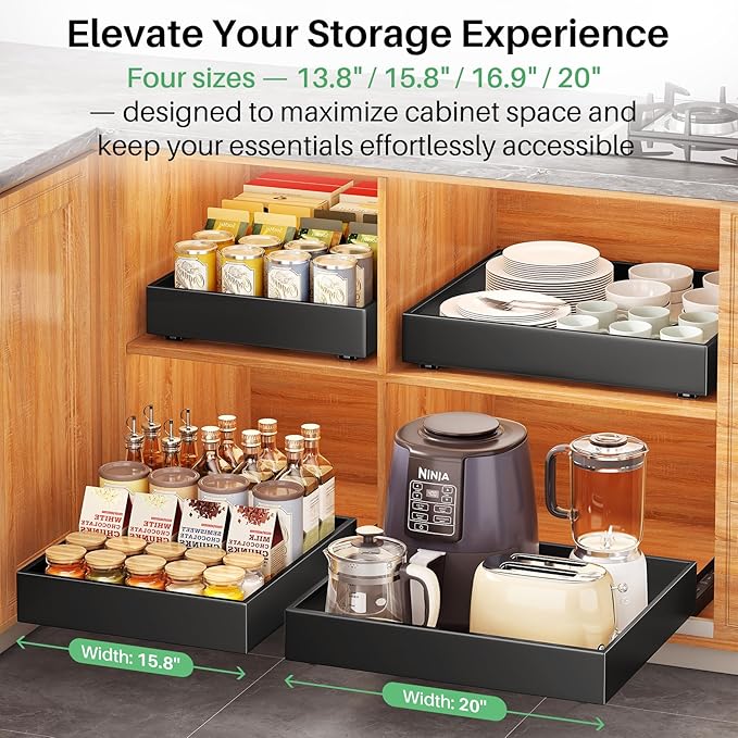 Pull out Cabinet Organizer, 21"Deep, Heavy Duty Full-Extension Slide out Drawers for Kitchen Cabinets with Nano Adhesive, Roll Out Shelf Sliding Cabinet for Pots, Bathroom, Pantry, Under Sink, Black