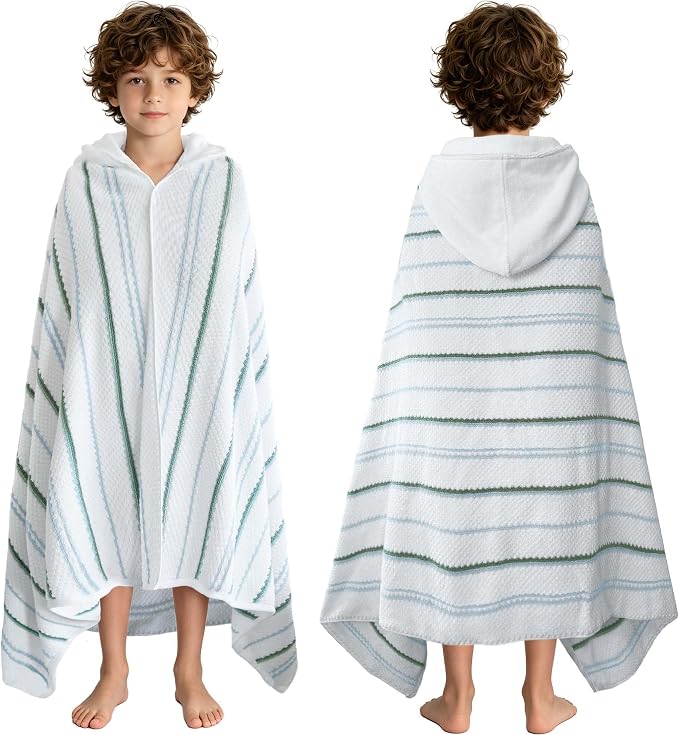 VOOVA & MOVAS Big Kids Hooded Towel, 8+, 100% Cotton, White Blue Green | Multi-Color Horizontal Stripe, Soft, Absorbent & Quick Dry, Ideal for Pool, Beach and Bath Time