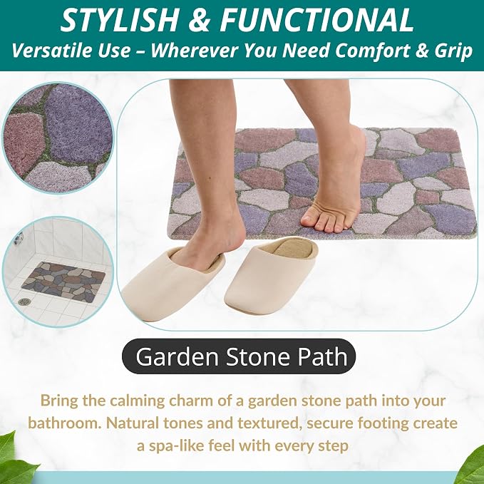 ENKOSI Loofah Non-Slip Shower and Bath Mat - Soft Cushioned Comfort - No Suction Cups for Smooth or Textured Tubs - Fast Draining - Safety for Bathroom, Family, Kids, and Elderly (24x16 Stone Path)