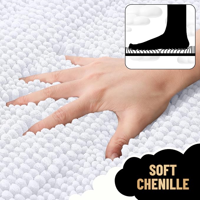 OLANLY Thick Small Bathroom Rugs 24x16, Soft Chenille Bath Rugs, White | Rubber Backing, Machine Wash, Extra Absorbent Striped Bath Mats for Bathroom Floor, Tub and Shower, Home Decor Accessories